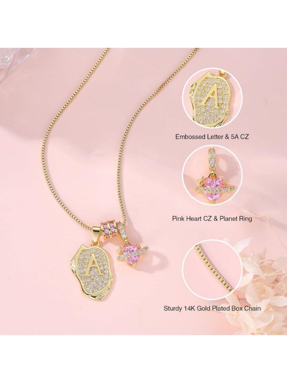 14K Gold Plated Heart Planet Pendant Necklace for Women - Stylish Letter Jewelry - Picture 3 of 7